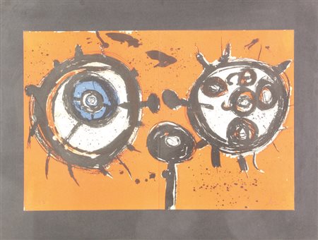 Enrico Baj, Atomi, (1956), litografia a colori su carta, cm. 29x42, es. prova...