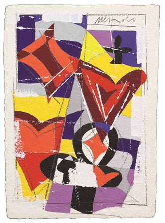 Ugo Nespolo, Senza titolo, tecnica mista su carta a mano, cm. 44x31, firmata...