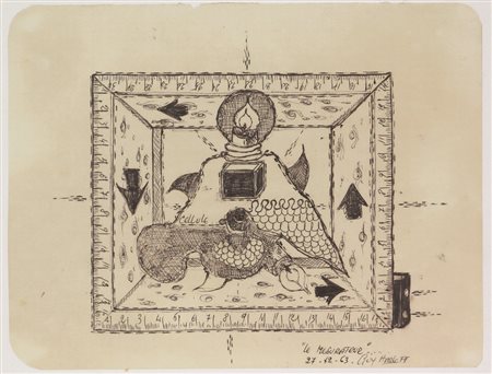 Guy Harloff, Le Mesurateur, 1963, biro su carta, cm. 21x27, firmata,...