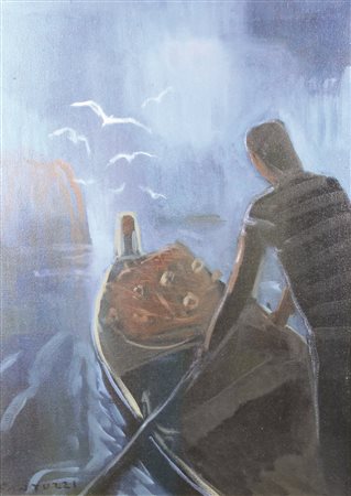 Eliano Fantuzzi, Pescatore, olio su tela, cm. 70x50, firmato in basso a...