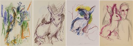 Ernesto Treccani, Conigli, lotto di 4 tecniche miste su carta, cm. 30x21...