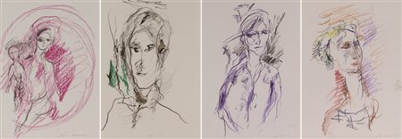 Ernesto Treccani, Figure, lotto di 4 tecniche miste su carta, cm. 30x21...