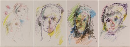 Ernesto Treccani, Volti, lotto di 4 tecniche miste su carta, cm. 30x21...