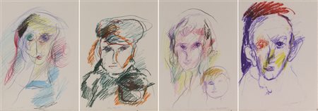 Ernesto Treccani, Volti, lotto di 4 tecniche miste su carta, cm. 30x21...