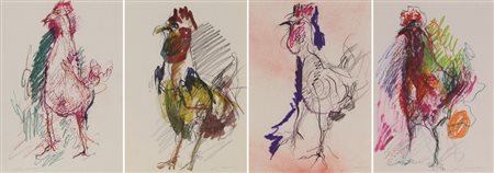 Ernesto Treccani, Galli, lotto di 4 tecniche miste su carta, cm. 30x21...