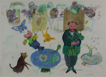 Antonio Possenti, Un Giardino, olio e tecnica mista su cartoncino, cm. 50x70,...