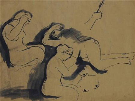 Enrico Baj, Senza titolo, china e acquarello su carta, cm. 35x45, firmata in...