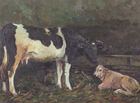 Mario Tamburini, Mucca con Vitellino, 1963, olio su tavola, cm. 30x40,...