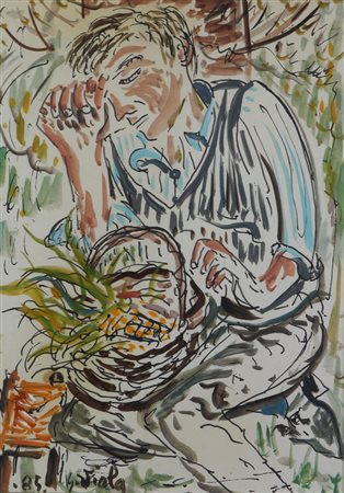 Giuseppe Viola, Contadino, 1985, tempera e aquerello su cartone, cm. 30x20,...
