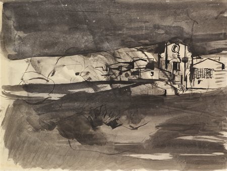 Mario Bardi, Paesaggio Siciliano, 1969, china acquerellata su carta applicata...