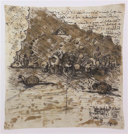 E. Mauro Corrias, Senza titolo, 1972, tecnica mista su tovagliolo, cm. 52x50,...