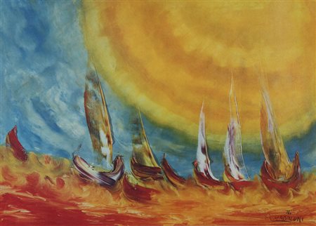 Alfonso Madaluni, Barche, 1974, olio su carta, cm. 27x38, firmato e datato in...