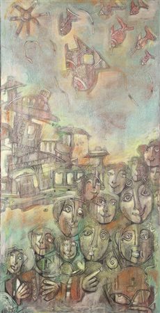 Martino Delego, La Folli Ebete..., 1992, tecnica mista su tela, cm. 80x40,...