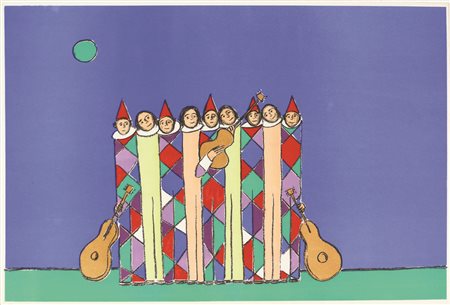 Walter Pozzi, Arlecchini, (1980 circa), litografia su carta, cm. 40x60, es....