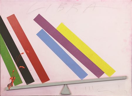 Aldo Mondino, Libra, (primi anni '70), olio e applicazioni di legni su tela,...