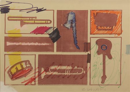 Giuseppe Chiari, Strumenti, tecnica mista su cartoncino, cm. 48x64, firmata...