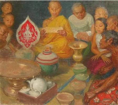 Cleto Luzzi ( Roma 1884 – 1952 ), Festa religiosa siamese Olio su tela cm 92...