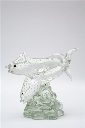 BAROVIER & TOSO Figura di pesci, anni '40.Vetro a bollicine. Altezza cm 21.