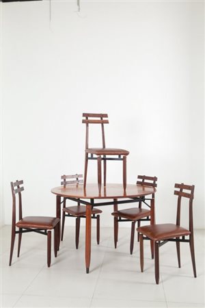 UN TAVOLO E SEI SEDIE, anni '60Tavolo (ferro verniciato, legno impiallacciato...