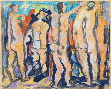 Fausto Pirandello Roma 1899 - 1975 Bagnanti Tecnica mista su carta applicata...