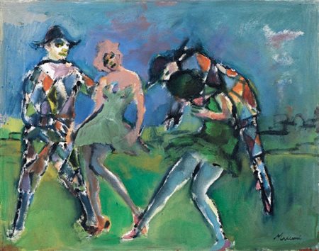 Mino Maccari Siena 1898 - Roma 1989 Gli Arlecchini Olio su tela, cm. 40x50,5...