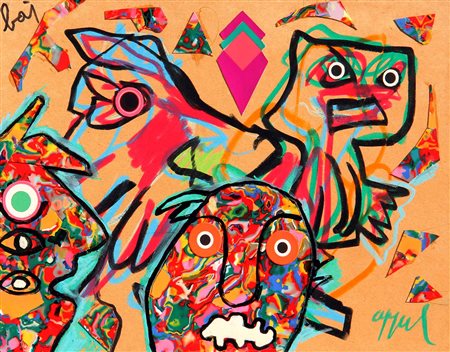 APPEL Karel e BAJ Enrico Figure, 1982, pittura e collage su tavola, cm. 36 x...