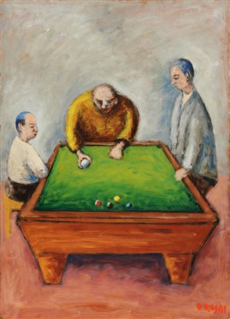 Ottone ROSAI Firenze 1895 Ivrea 1957 Il biliardo, 1956, olio su masonite, cm....