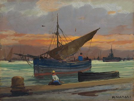 Renato Natali (Livorno 1883 - 1979) "Sera al porto" olio su compensato (cm...