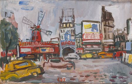 Carlo Dalla Zorza (Venezia 1903 - 1977) "Moulin Rouge" 1952 olio su cartone...