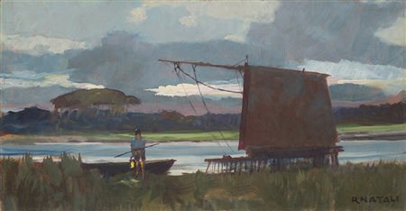 Renato Natali (Livorno 1883 - 1979) "Scorcio con pescatore in riva al fiume"...