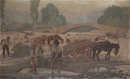 Giovanni Malesci (Vespignano 1884 - Milano 1969) "Operai al lavoro" olio su...