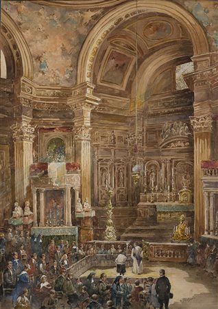 Salvatore Balsamo (Napoli 1894 - 1922) "Interno di chiesa con funzione...