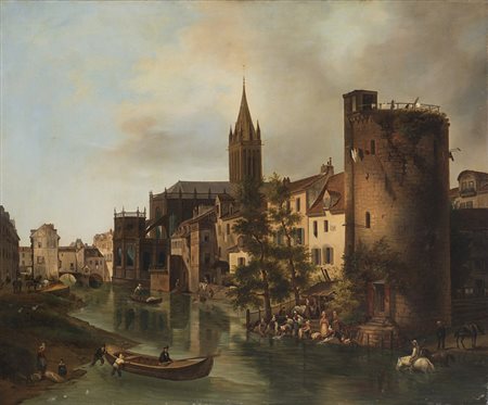 Maestro del XIX Secolo "Veduta della Cattedrale di Caen" olio su tela (cm...