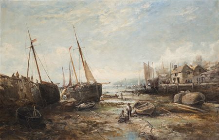 ( 0 - 0) Scuola di Newlyn Penzance Carnwall "Barche in secca" olio su tela...