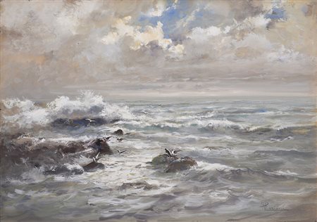 Pompeo Mariani (Monza 1857 - Bordighera 1927) "Mareggiata" tempera su cartone...