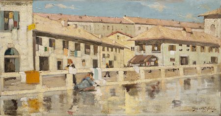Cesare Mauro Trebbi (Bologna 1847 - 1931) "Milano, Vicolo delle Lavandaie"...