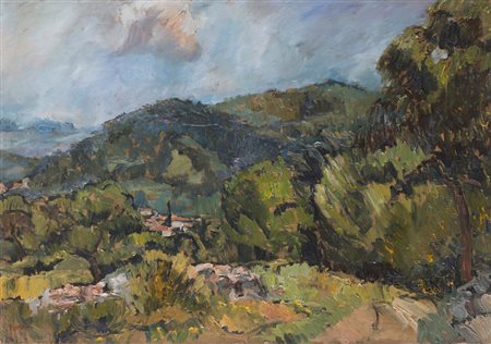 Enrico Fonda (Fiume 1892 - Parigi 1929) "Scorcio collinare" olio su cartone...