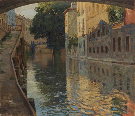 Ugo Flumiani (Trieste 1876 - 1938) "Scorcio con canale" olio su tela (65x75)...