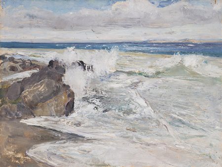 Giuseppe Casciaro (Ortelle 1861 - Napoli 1945) "Marina con scogliera" olio su...