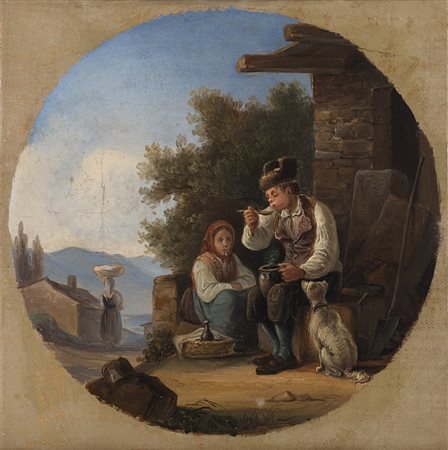 Maestro del XIX Secolo "Il pranzo" olio su tela (cm 17x17) In cornice dell'epoca