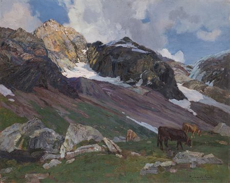 Riccardo Galli (Milano 1869 - Barzio 1944) "Alpe Pedriola Macugnaga" olio su...