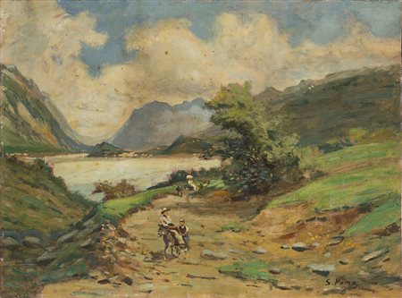 Silvio Poma (Trescore Balneario 1840 - Turate 1932) "Paesaggio lacustre con...