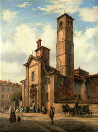 Ignoto "Ingresso dei fedeli nella Chiesa di San Sepolcro a Milano" olio su...