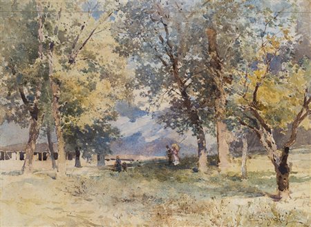 Eugenio Gignous (Milano 1850 - Stresa 1906) "Paesaggio con alberi" acquerello...