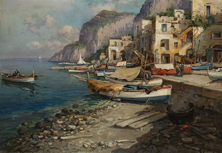 Felice Giordano (Torino 1825 - Vallombrosa 1892) "Scorcio portuale" olio su...