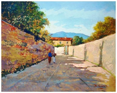 BRUNO GIUSTI Livorno 1937 Senza titolo Olio su tavola 53,5 x 66. Firma in b....