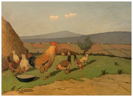 GIOVANNI LOMI Ardenza 1889 – Ardenza 1969 Galli al sole Olio su faesite 30 x...