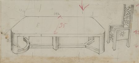 Fortunato Depero (1892-1960) Tavolo e sedia matita su carta cm 18,8x38,7...