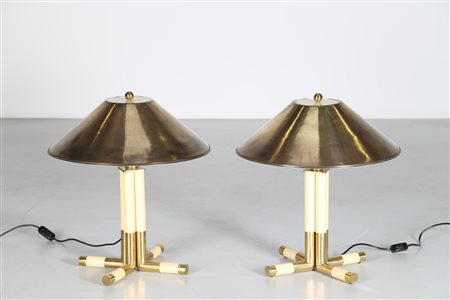 BANCI GIOVANNI Coppia lampade da tavolo in ottone e avoriolina, Firenze 1970...