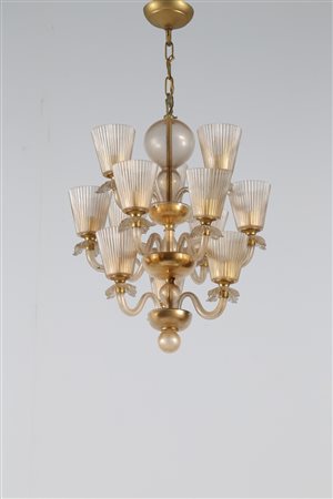 BAROVIER ERCOLE (1889 - 1974) Lampadario in vetro di murano foglia oro, prod....